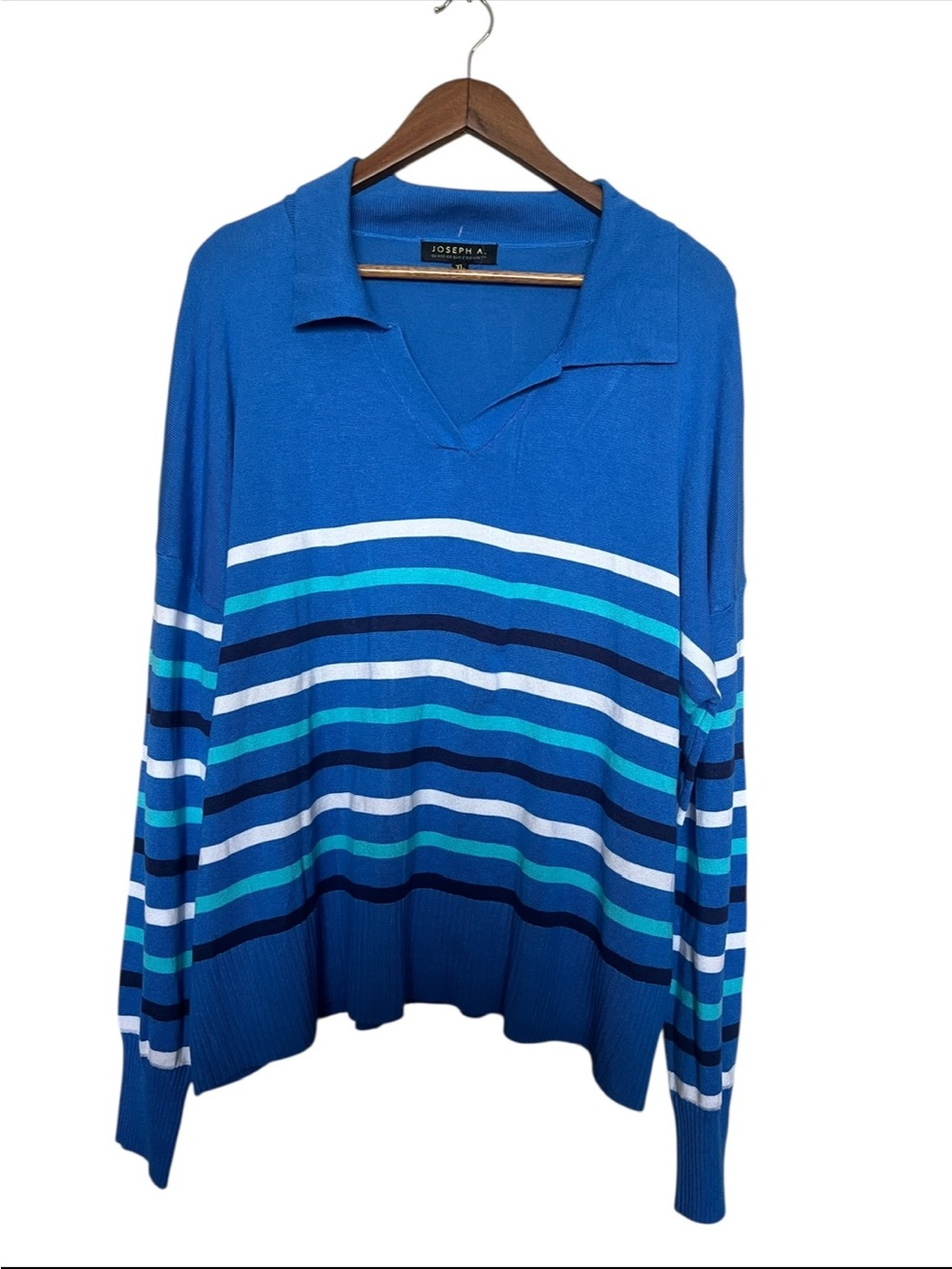 Nwt Joseph A. Sweater Xl Classic Blue Striped V-Neck Collared — image 2 of 8